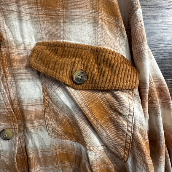 Maurices Brown and Cream Plaid Flannel Button Down Hooded Shirt - Picture 3 of 7